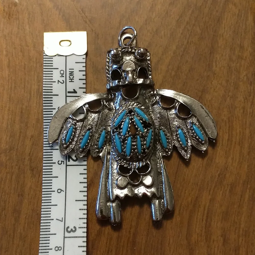 Vintage Southwestern Silver Tone Faux Turquoise Kachina Pendant - Picture 6 of 7